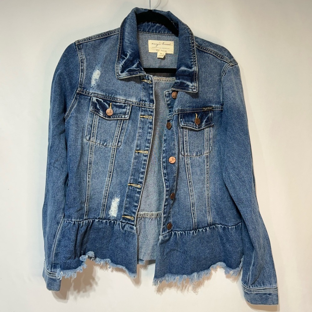 Evys Tree peplum 100% cotton denim jacket. Raw hem. Size med Medium. “JULIA”.